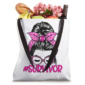 Survivor Messy Bun Glasses Leopard Pink Breast Cancer Tote Bag