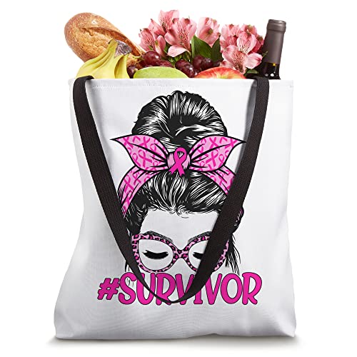 Survivor Messy Bun Glasses Leopard Pink Breast Cancer Tote Bag