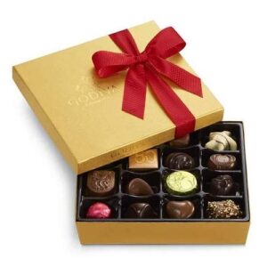 godiva chocolatier assorted chocolate gold gift box, valentine’s day ribbon, 19 pc.