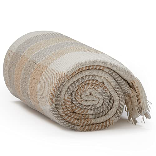 Americanflat 100% Cotton Throw Blanket for Couch - 50x60 - All Seasons Neutral Lightweight Cozy Soft Blankets & Throws for Bed, Sofa or Chair. Indoor or Outdoor [Camel Beige Plaid]