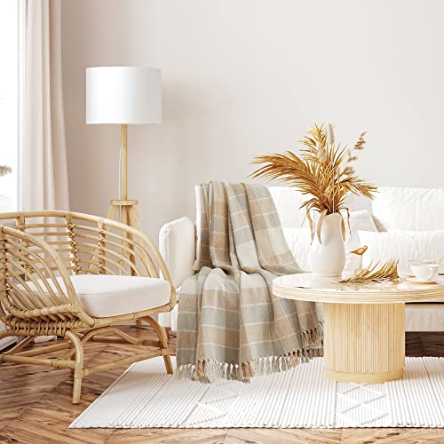 Americanflat 100% Cotton Throw Blanket for Couch - 50x60 - All Seasons Neutral Lightweight Cozy Soft Blankets & Throws for Bed, Sofa or Chair. Indoor or Outdoor [Camel Beige Plaid]