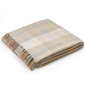 Americanflat 100% Cotton Throw Blanket for Couch - 50x60 - All Seasons Neutral Lightweight Cozy Soft Blankets & Throws for Bed, Sofa or Chair. Indoor or Outdoor [Camel Beige Plaid]