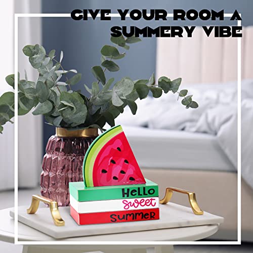 4 Piece Summer Tiered Tray Decor Wooden Watermelon Book Table Centerpieces Farmhouse Hello Sweet Summer Watermelon Stacked Book Decor Summer Decoration for Home Shelf Kitchen Party Decoration