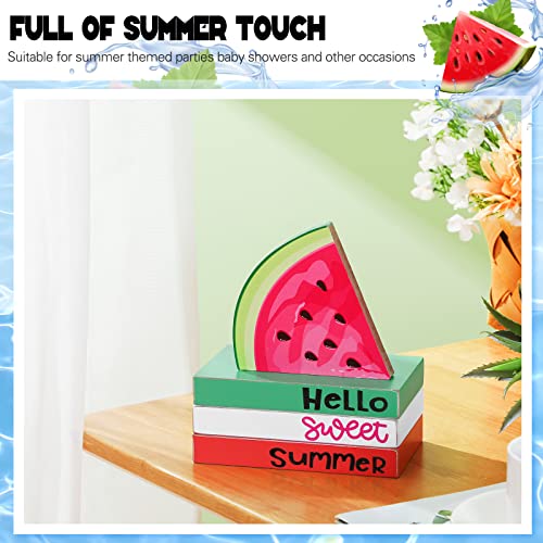 4 Piece Summer Tiered Tray Decor Wooden Watermelon Book Table Centerpieces Farmhouse Hello Sweet Summer Watermelon Stacked Book Decor Summer Decoration for Home Shelf Kitchen Party Decoration