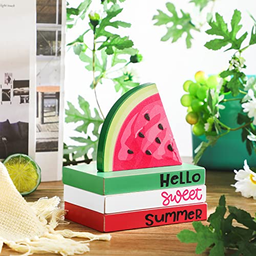 4 Piece Summer Tiered Tray Decor Wooden Watermelon Book Table Centerpieces Farmhouse Hello Sweet Summer Watermelon Stacked Book Decor Summer Decoration for Home Shelf Kitchen Party Decoration