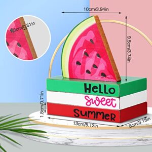 4 Piece Summer Tiered Tray Decor Wooden Watermelon Book Table Centerpieces Farmhouse Hello Sweet Summer Watermelon Stacked Book Decor Summer Decoration for Home Shelf Kitchen Party Decoration