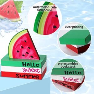 4 Piece Summer Tiered Tray Decor Wooden Watermelon Book Table Centerpieces Farmhouse Hello Sweet Summer Watermelon Stacked Book Decor Summer Decoration for Home Shelf Kitchen Party Decoration