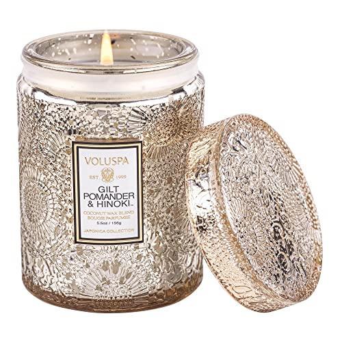 Voluspa Gilt Pomander & Hinoki Candle | Small Glass Jar | 5.5 Oz. | 50 Hr. Burn Time | All Natural Wicks and Coconut Wax for Clean Burning | Vegan