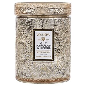 Voluspa Gilt Pomander & Hinoki Candle | Small Glass Jar | 5.5 Oz. | 50 Hr. Burn Time | All Natural Wicks and Coconut Wax for Clean Burning | Vegan