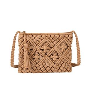 eiyye boho crossbody handbag summer beach purse crossbody, boho envelope clutch crochet handmade purse with tassel, khaki