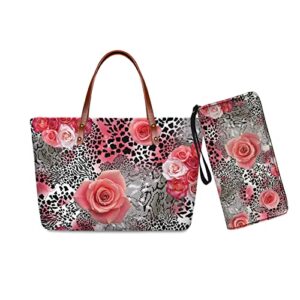 suhoaziia leopard with pink rose women handbag fashion satchel purses large tote shoulder bag for ladies 2pcs/set wallet
