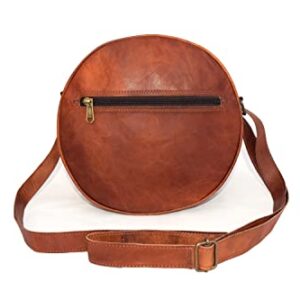 Handmade Vintage Leather Crossbody Bag Women/Teen Girls Satchel Handbag Round Messenger Sling Bags, 10 Inch Small, Brown