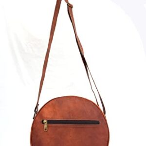 Handmade Vintage Leather Crossbody Bag Women/Teen Girls Satchel Handbag Round Messenger Sling Bags, 10 Inch Small, Brown