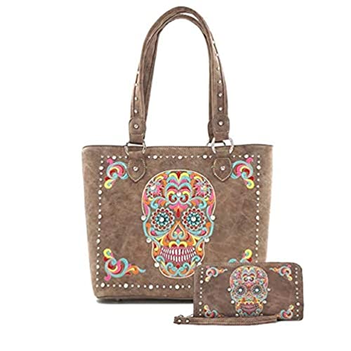 ABZ-G012W AMERICAN BLING EMBROIDERED SUGAR SKULL TOTE and WALLET SET - Coffee