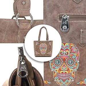 ABZ-G012W AMERICAN BLING EMBROIDERED SUGAR SKULL TOTE and WALLET SET - Coffee