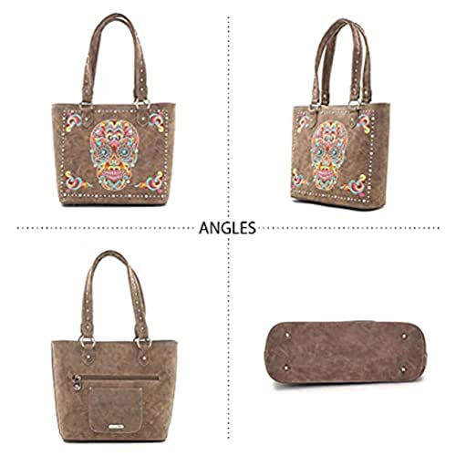 ABZ-G012W AMERICAN BLING EMBROIDERED SUGAR SKULL TOTE and WALLET SET - Coffee