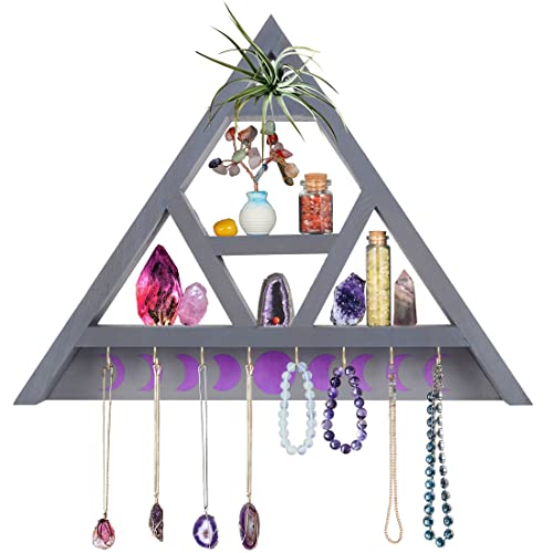 FM Moon Phase Triangle Shelf-Boho Crystal Display Shelf-Wall Mounted Jewelry Organizer-Crystal Holder-Moon Shelf Witchy Room Decor-Keychain Bracelet Holder-Necklace Holder-Gothic Decor,Grey