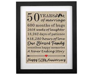 framed 50th anniversary burlap print gifts for grandma & grandpa golden anniversary decorations for parents 50th wedding anniversary keepsake gift for mom & dad gifts (frame – 50th)