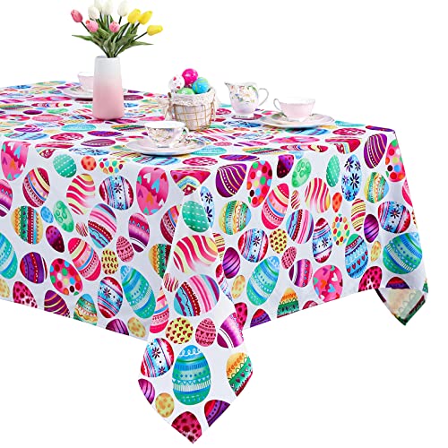 MoKoHouse White Easter Tablecloth Rectangle 57 x 84 inch Colorful Easter Eggs Tablecloth for Spring Party