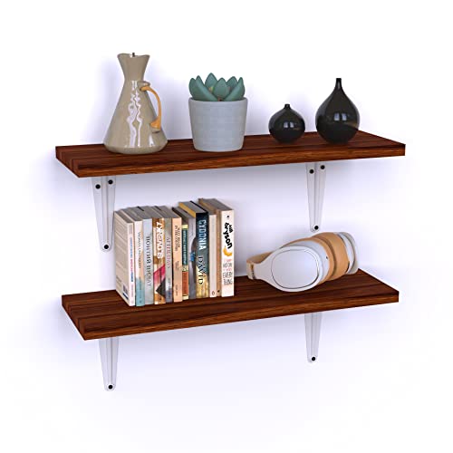 JAWU Set of 2 Pine Wood Floating Shelves - Decorative Hanging Farmhouse Rustic Shelves for Wall, Home, Kitchen, Bathroom, Bedroom - Wooden Shelf with L-Brackets, Screws, Plastic Plugs - 17x5.5x0.6