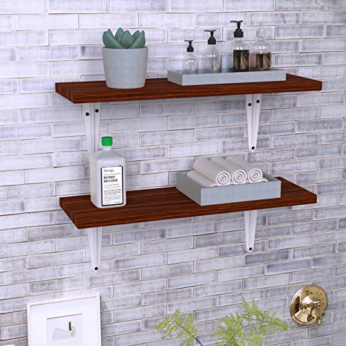 JAWU Set of 2 Pine Wood Floating Shelves - Decorative Hanging Farmhouse Rustic Shelves for Wall, Home, Kitchen, Bathroom, Bedroom - Wooden Shelf with L-Brackets, Screws, Plastic Plugs - 17x5.5x0.6