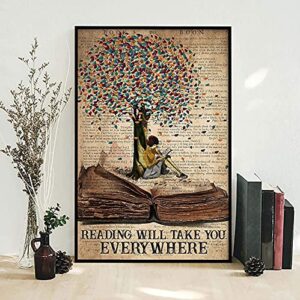 reading will take you everywhere metal sign – vintage decor girl reading wall quotes library wall decor metal signs for home office – reading sign book poster for classroom decoration reading wall art
