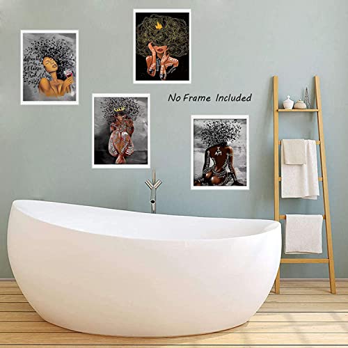 QXN Black Queen Poster African American Wall Art ,Motivational Girl Prints,Black Woman Prints,Fashion Room Modern Bathroom Bedroom Living Decor Aesthetic Artwork- Set of 4 (8''X 10'', No Frame)