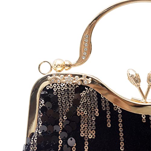 Gionforsy 1920s Flapper Handbag Evening Clutch Bag for Wedding Cocktail Dance Party Roaring 20s Gastby Beaded Bag (Black Gold)