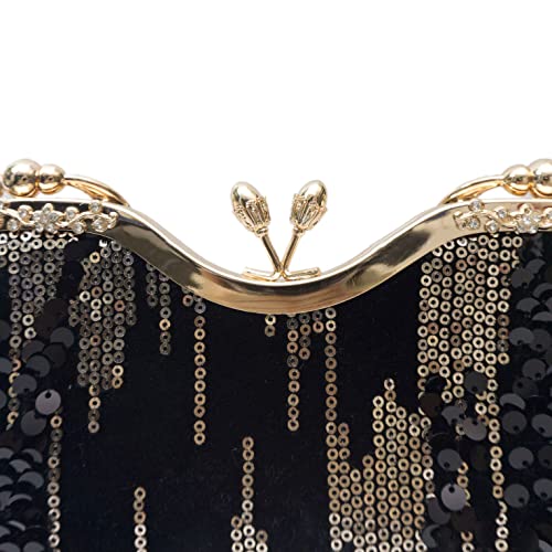 Gionforsy 1920s Flapper Handbag Evening Clutch Bag for Wedding Cocktail Dance Party Roaring 20s Gastby Beaded Bag (Black Gold)