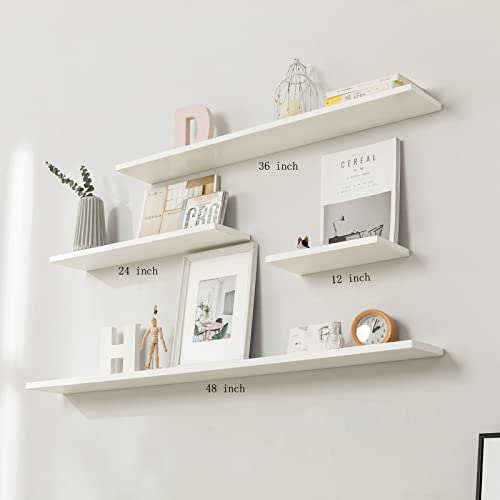 Long Floating Shelf 48 Inch White Floating Shelf for Wall Set of 2, Durable Natural Wood Oak Floating Shelf for Bedroom Bathroom, Easy Assembly, Classic Design, White, 48 *6 *0.8(Not for Drywall)