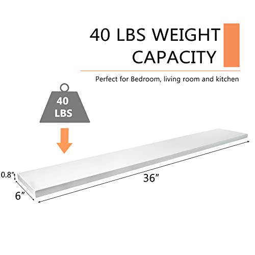 Long Floating Shelf 48 Inch White Floating Shelf for Wall Set of 2, Durable Natural Wood Oak Floating Shelf for Bedroom Bathroom, Easy Assembly, Classic Design, White, 48 *6 *0.8(Not for Drywall)