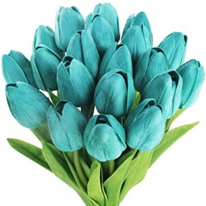 20 pcs artificial turquoise tulip flowers faux tulip stems pu real touch tulips 12.8″ tall for easter spring vase wedding bouquets floral arrangements wreath table centerpiece indoor outdoor decor