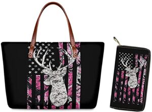 wideasale large tote bag and wallet set for women camouflage usa flag overnight bag shoulder straps handbag purse,pink camo deer antlers and trees print for girls teens xmas gift
