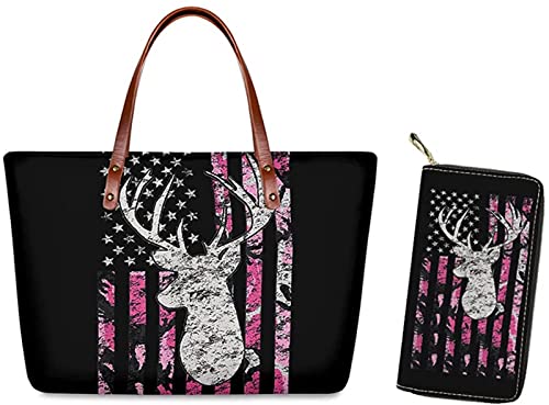 Wideasale Large Tote Bag and Wallet Set for Women Camouflage USA Flag Overnight Bag Shoulder Straps Handbag Purse,Pink Camo Deer Antlers and Trees Print for Girls Teens Xmas Gift