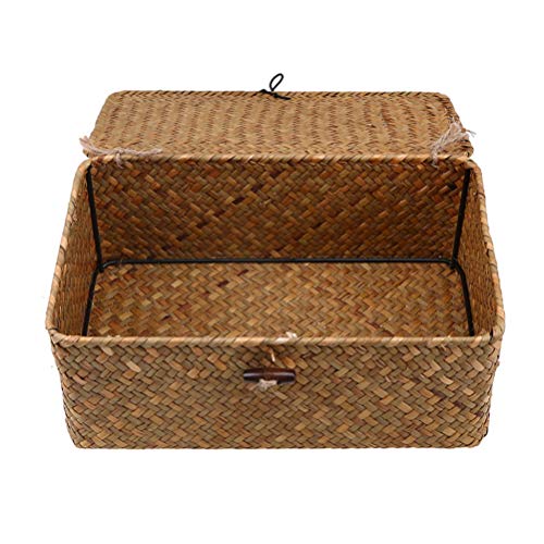 FOMIYES Seagrass Storage Baskets with Lid：Natural Wicker Baskets Woven Rectangular Basket Bins for Household Organizer Boxes Shelf Wardrobe Organizer- Size S