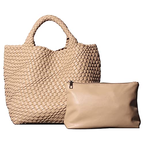 Platopotato Women's Tote Bag Large Capacity Handbags and Purse Woven Bag Shopper Bag Travel Handbags for Ladies Apricot