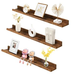 HOOBRO Floating Shelves, Wall Shelf Set of 3, 35.4 Inches Hanging Shelf with Raised Edge and Invisible Brackets, for Bathroom, Bedroom, Kitchen, Office, Living Room Decor, Rustic Brown BF90BJ01