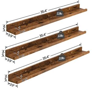 HOOBRO Floating Shelves, Wall Shelf Set of 3, 35.4 Inches Hanging Shelf with Raised Edge and Invisible Brackets, for Bathroom, Bedroom, Kitchen, Office, Living Room Decor, Rustic Brown BF90BJ01