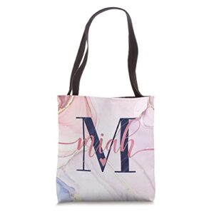 miah letter m initial monogram calligraphy personalized tote bag