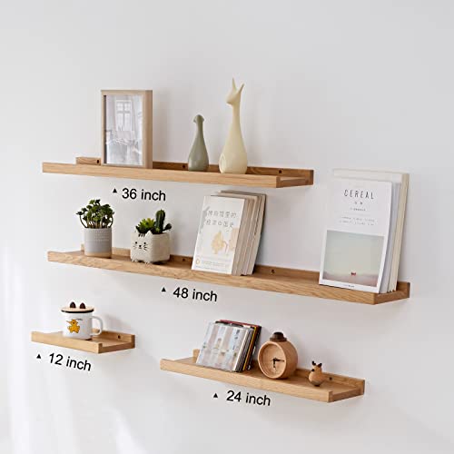 Long Floating Shelf 36 Inch Natural Wood Shelves Set of 2, Rustic Display Books Picture Ledge Shelf for Wall Mounted, Natural Solid Oak Wood Shelf, Easy to Install, Natural Color, 36 *4 *1.5