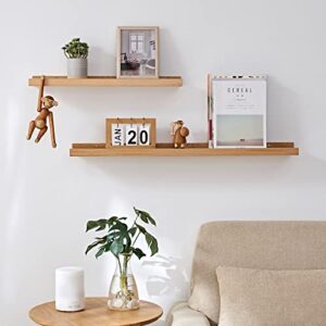 Long Floating Shelf 36 Inch Natural Wood Shelves Set of 2, Rustic Display Books Picture Ledge Shelf for Wall Mounted, Natural Solid Oak Wood Shelf, Easy to Install, Natural Color, 36 *4 *1.5