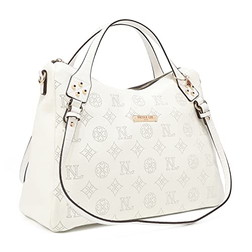 Nicole Lee Fashion Designer Logo Monogram Jolie Satchel, Faux Exotic Medium Top Handle Handbag with Crossbody Straps (White)