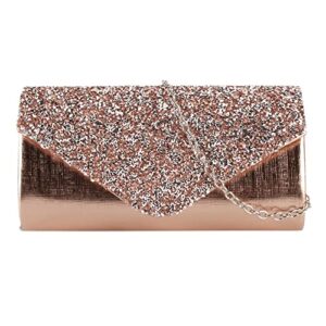quniko rhinestone flap evening clutch purses formal sequins handbag crossbody shoulder bag for women (rose gold)
