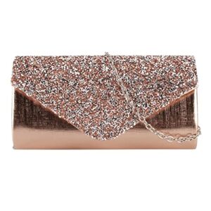 Quniko Rhinestone Flap Evening Clutch Purses Formal Sequins Handbag Crossbody Shoulder Bag for Women (Rose Gold)