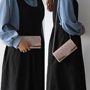 Quniko Rhinestone Flap Evening Clutch Purses Formal Sequins Handbag Crossbody Shoulder Bag for Women (Rose Gold)