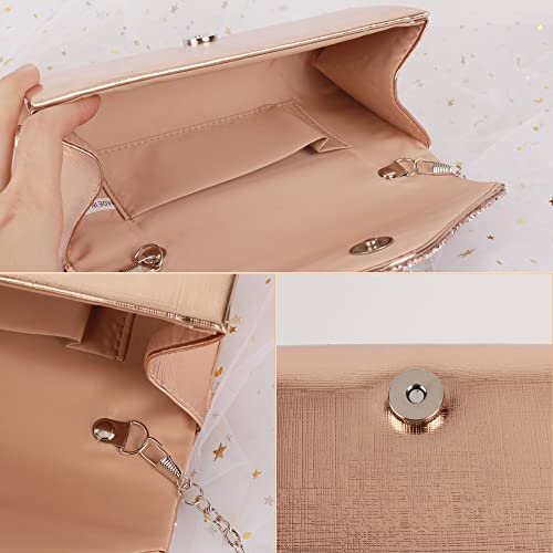 Quniko Rhinestone Flap Evening Clutch Purses Formal Sequins Handbag Crossbody Shoulder Bag for Women (Rose Gold)