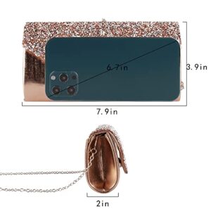 Quniko Rhinestone Flap Evening Clutch Purses Formal Sequins Handbag Crossbody Shoulder Bag for Women (Rose Gold)