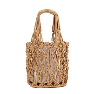 jbrun women’s bucket drawstring handbag fishing net shoulder bag straw weave handbag summer beach bags hobo bag (a-brown)