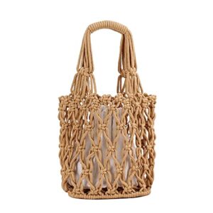 JBRUN Women's Bucket Drawstring Handbag Fishing Net Shoulder Bag Straw Weave Handbag Summer Beach Bags Hobo Bag (A-Brown)