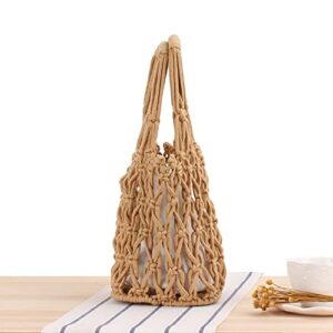 JBRUN Women's Bucket Drawstring Handbag Fishing Net Shoulder Bag Straw Weave Handbag Summer Beach Bags Hobo Bag (A-Brown)